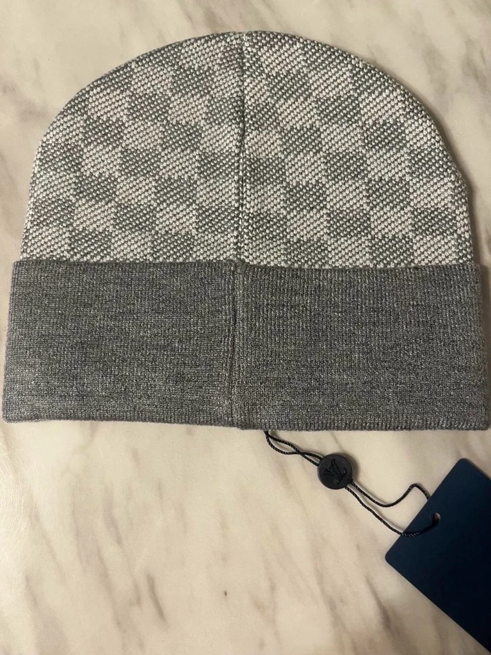 Louis Vuitton Gray Checkered Cuffed Beanie Hat